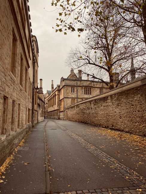A narrow cobblestone street in a historic area of Oxford, lined with a mix of old stone and brick buildings, some with detailed architectural features and others with pastel-colored facades such as so